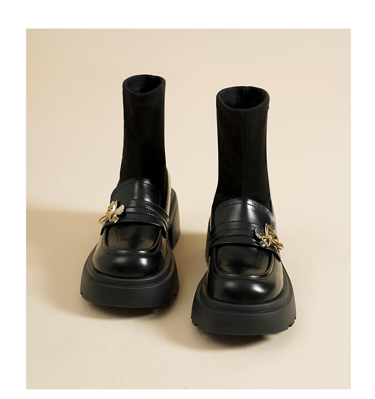 ZHR Elastic Socks And Boots for Women, Academic Style, Fleece-Lined Chunky Heel Loafers, Height-Increasing Short Boots for Women, AH579A, Black, Size 35 16