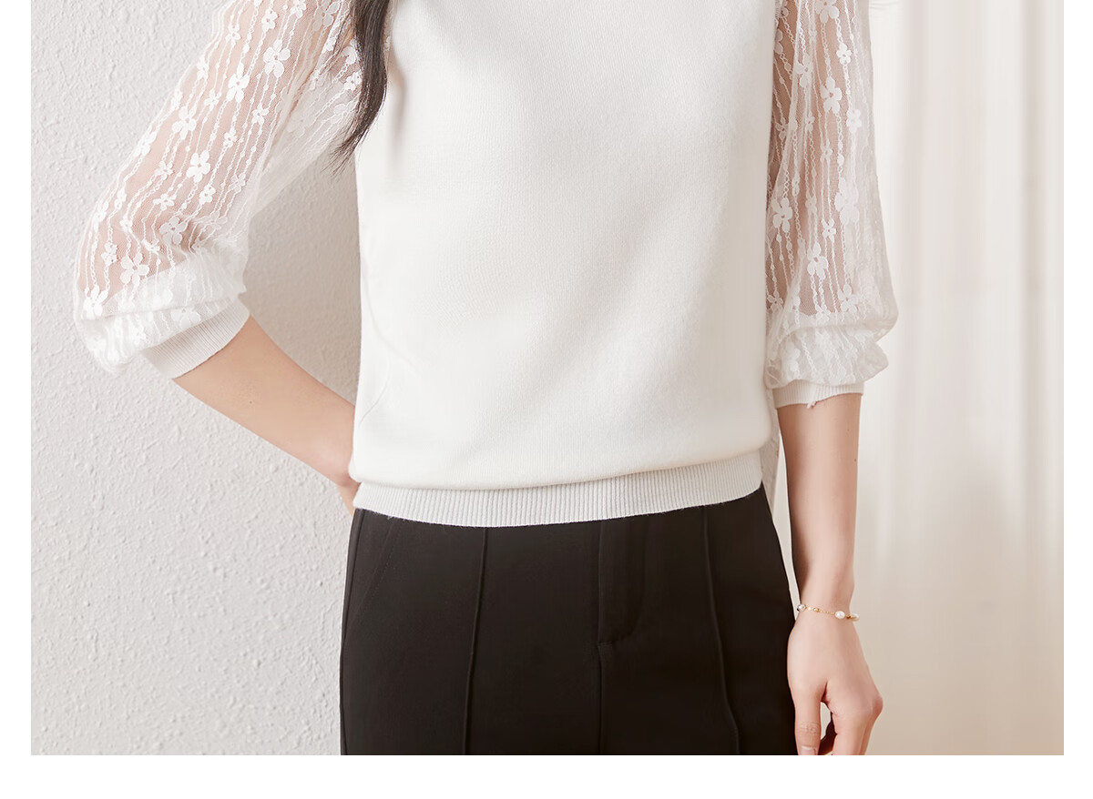 Chushen Thin Knit Sweater for Women, Fashionable Round Neck Elegant Lace Long-Sleeve Base Shirt Top S141Z3740 10