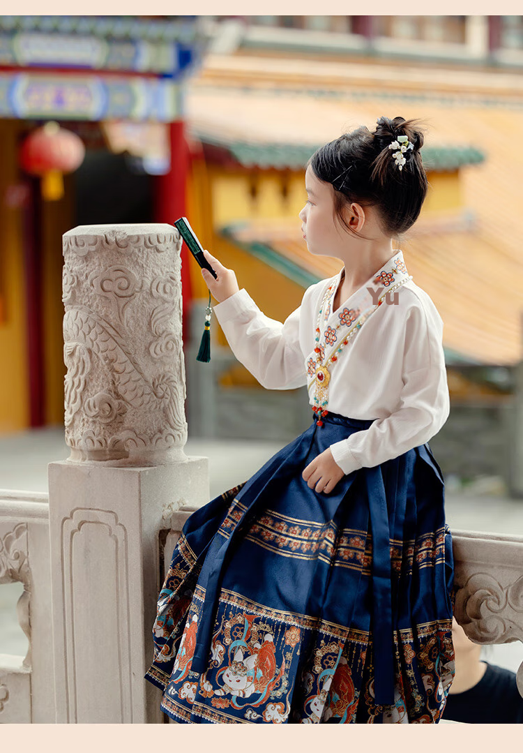 Menghu Nihang Mid-Autumn Festival Hanfu Girls' Spring And Autumn Chinese Style Children's Ming Dynasty Horse-Face Skirt Parent-Child Set, Red Skirt, Size 120 29