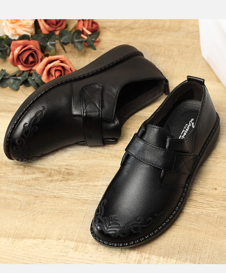 LAORENTOU Women's Comfortable Breathable First Layer Cowhide Round Toe Commuting Mid-Age Mom Shoes 220217N Black Size 37 10