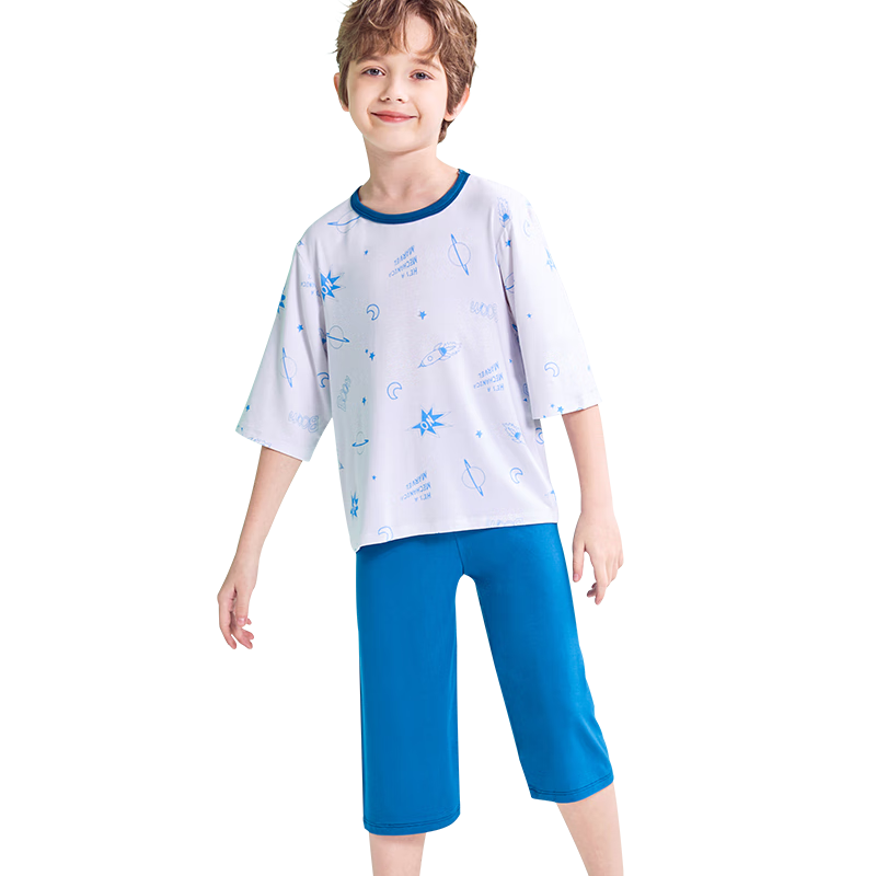 LangSha Children's Pajamas, Boys' Summer Thin Modal Sleepwear, Youth Three-Quarter Sleeve Home Wear Set, Blue, Size 160