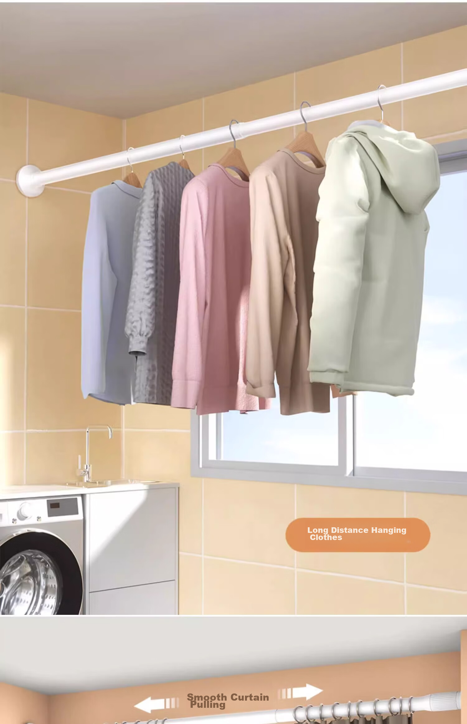 YOUQIN Retractable Clothes Drying Rod, No Drilling Required, Balcony Clothes Rack Support Rod, Wardrobe Hanging Rod, Single Rod for Home Use, Curtain Rod 11