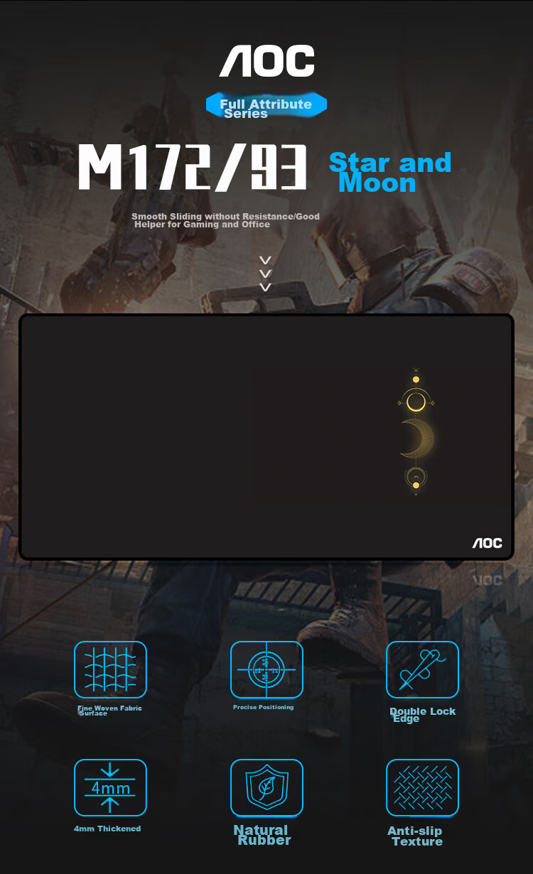 AOC Gaming Long Mouse Pad, Extra Large 800*400*4mm Thickened with Locked Edges, Office Keyboard Computer Desk Pad M172 Star Moon Black 1