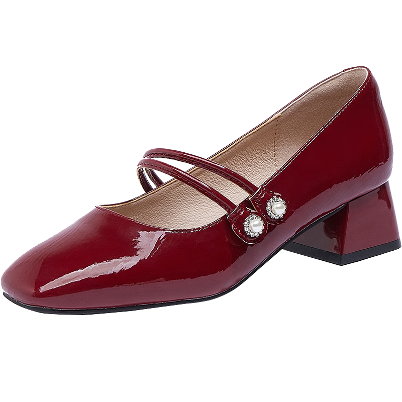 DAPHNE Women's Professional Work Leather Shoes, Chunky Heel Square Toe Mid-Heel Pumps, Versatile Comfortable Women's Shoes 4621101013 Red 38