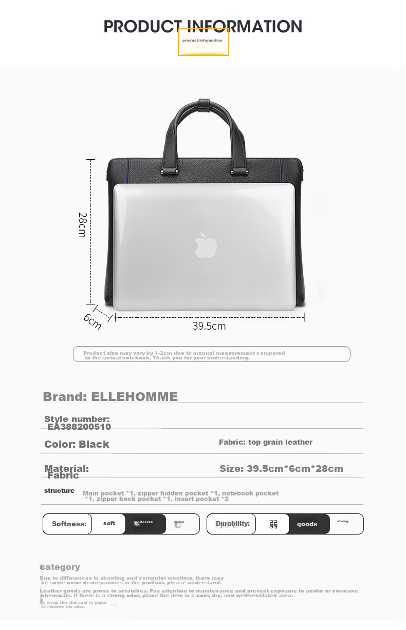 ELLE HOMME Men's Business Briefcase, Light Luxury Top-Grain Leather Handbag, Fashionable Laptop Bag EA388200510 Black 5