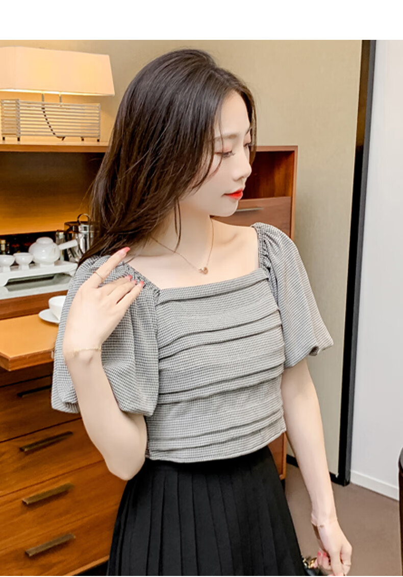 JEANSWEST Women's Shirt, Summer Short-Sleeve Plaid Blouse, French Puff Sleeve Top, Gray, Size S 10