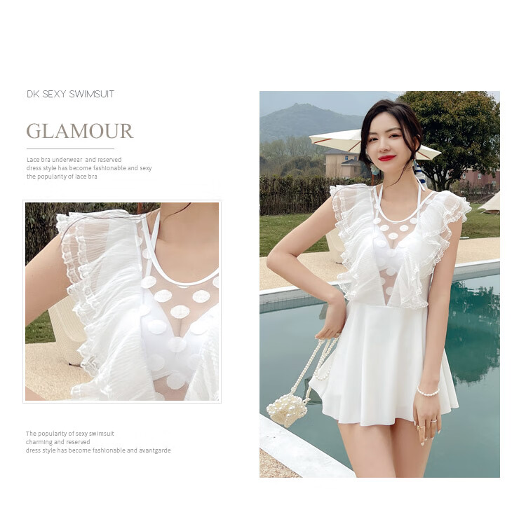 DK Swimsuit for Women, Sexy Small Chest Push-Up Conservative Tummy-Covering Slimming Korean Vacation One-Piece Dress Swimwear Hot Spring White M 8