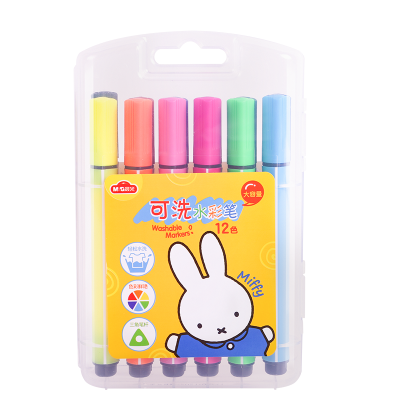 M&G Stationery, 12 Colors Triangular Large Capacity Watercolor Pens, Washable Kindergarten Children's Drawing Safe Miffy Birthday Gift FCP90181