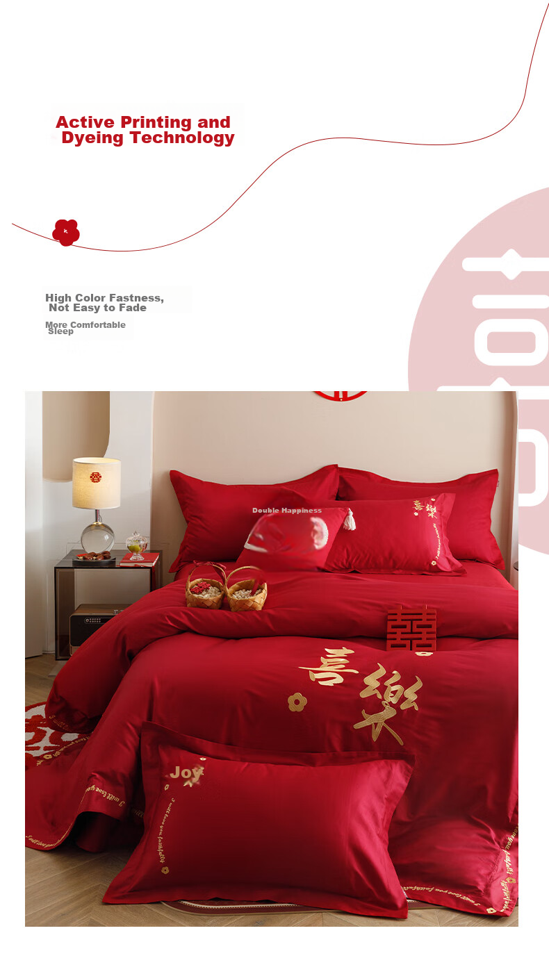 I-WILL Wedding Four-Piece Set, Pure Cotton Embroidered Duvet Cover And Bed Sheet, Bright Red Wedding Celebration, for 2-Meter Bed, Wedding Celebration at The Door 13