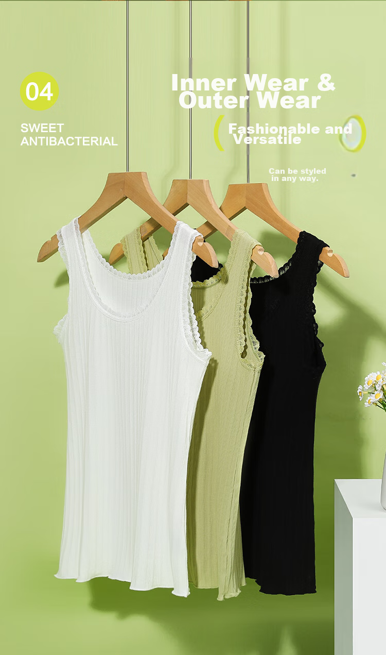 Hodo Women's Summer Vest, Soft Cotton Lace Camisole, Jacquard Vertical Stripes, Breathable Slimming Inner Layer, Avocado Green, Size 175 5