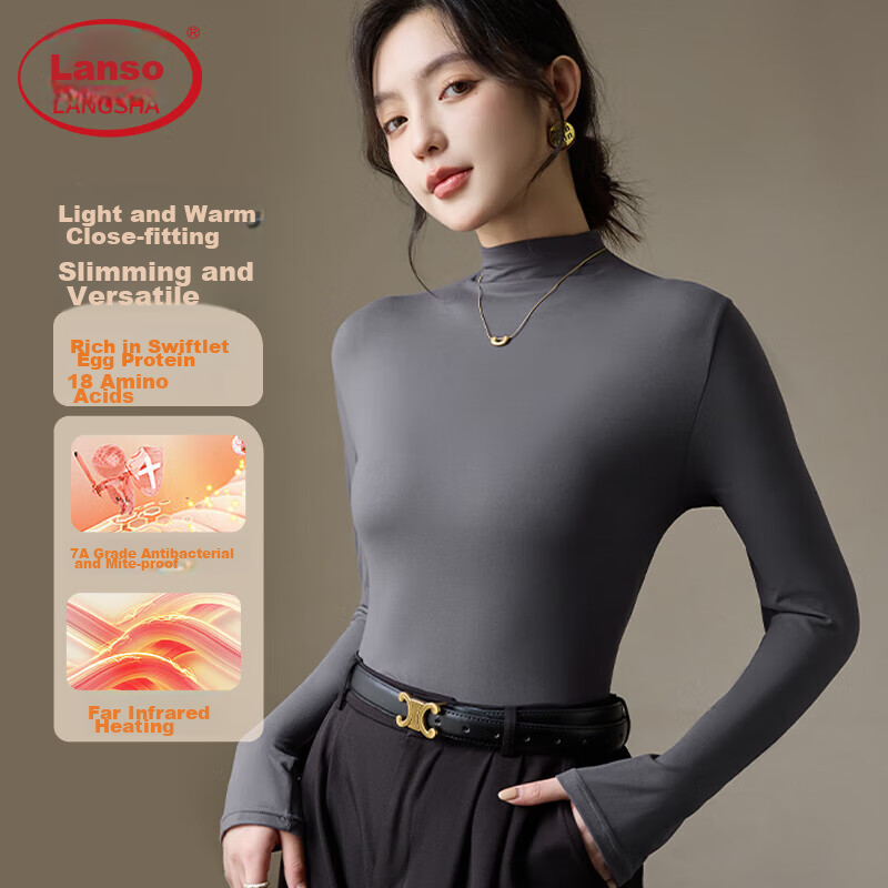 LangSha Turtleneck Base Layer for Women, Inner Wear, Warm, Form-Fitting, Spring And Summer, Antibacterial, Anti-Mite, Black Long-Sleeve T-Shirt, Brushed Warm Top