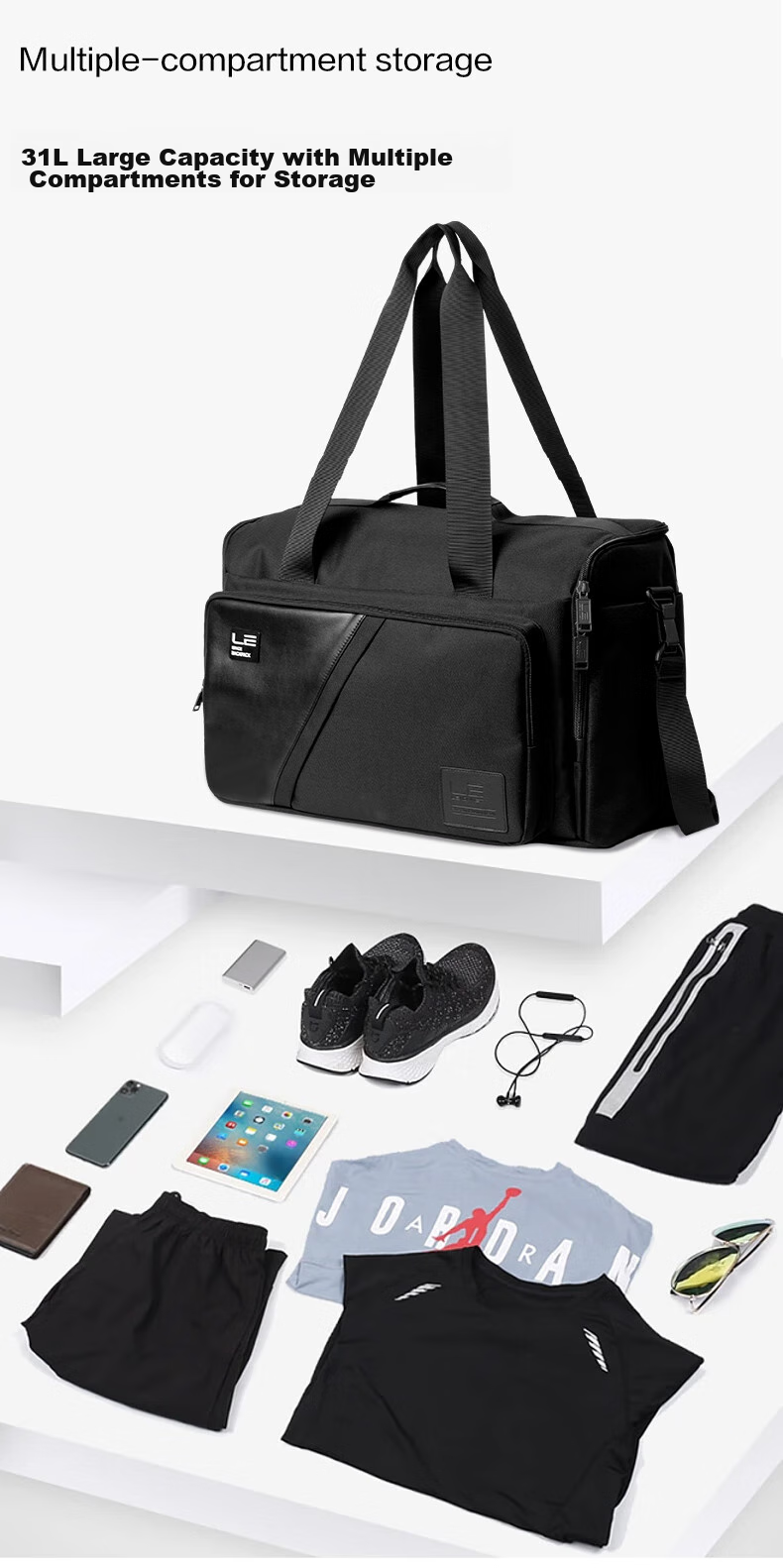LEXON Travel Bag, Men's Handheld Large Capacity, Short-Trip Business Trip, Tourism Luggage Bag, Wet And Dry Separation with Shoe Compartment, Black 5