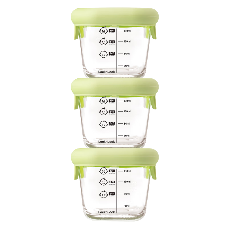 LOCK&LOCK Baby Food Container, Heat-Resistant Glass Baby Food Bowl, Children's Steaming And Freezing Food Storage Container, Grass Green 230ML*3