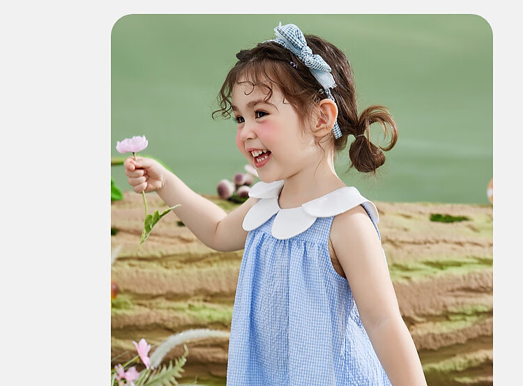 ASK JUNIOR Girls' Sleeveless Dress Summer Thin Petal Collar Plaid Casual Dress Blue Size 90 16