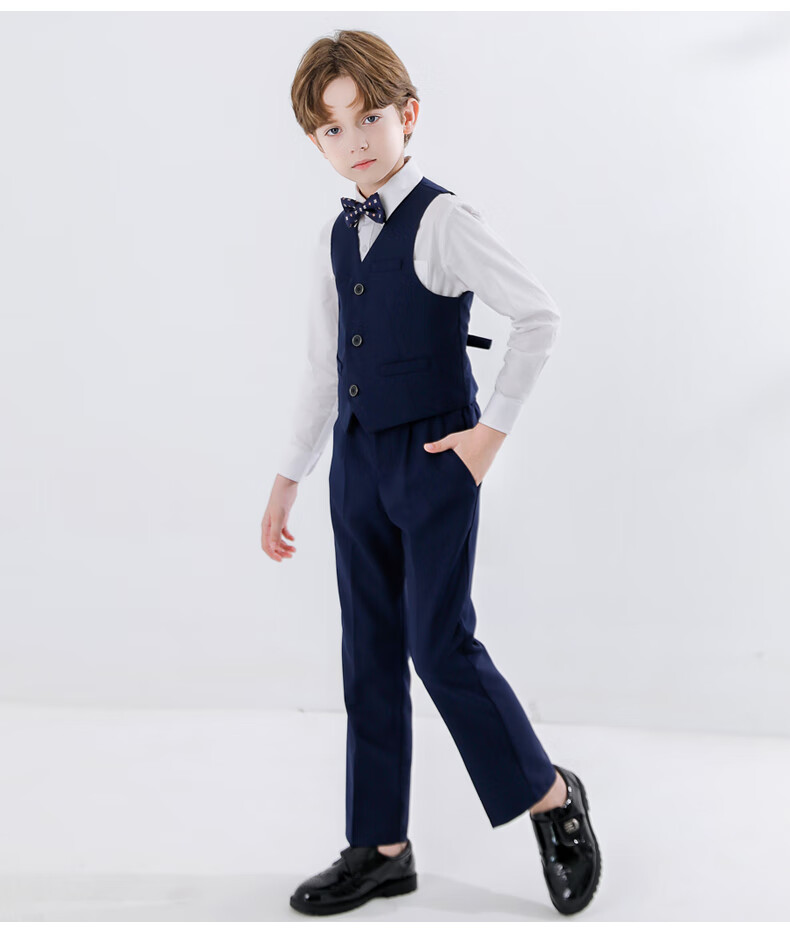 Yinuofang Children's Navy Blue Vest Suit Set Boys Performance Suit Navy Blue Vest Set 140CM 3