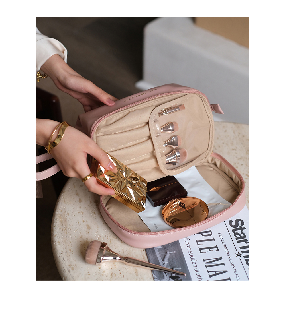 EACHY Large Capacity Portable Makeup Bag for Women, High-End Instagram Trendy Travel Toiletry Organizer Bag - Milk Apricot White XL 17
