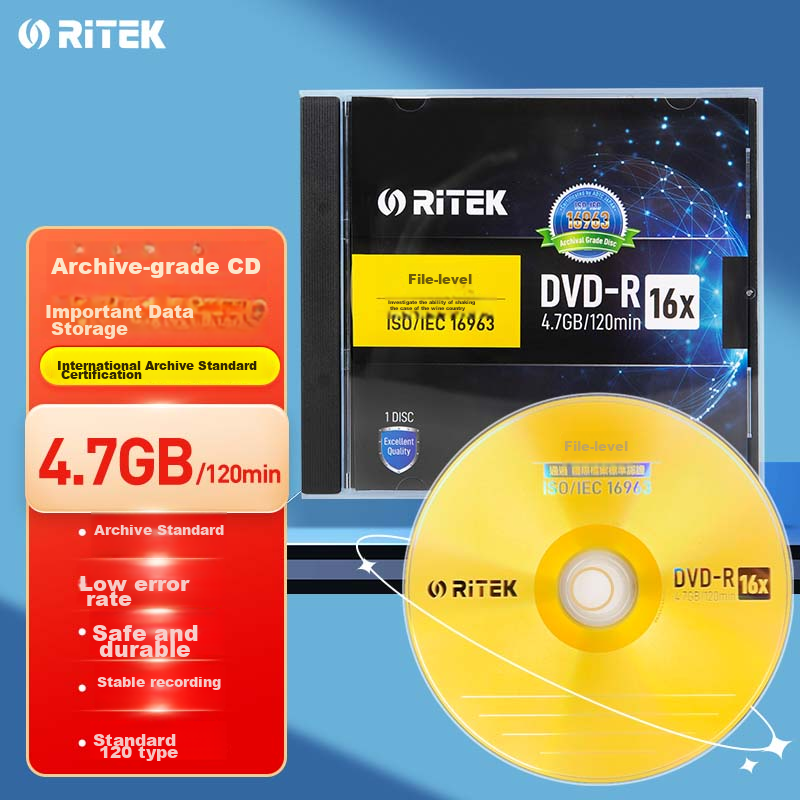 DVD-R RITEK 16X 4.7GB, 1 шт., для архивирования данных, сертификация ISO/IEC 16963
