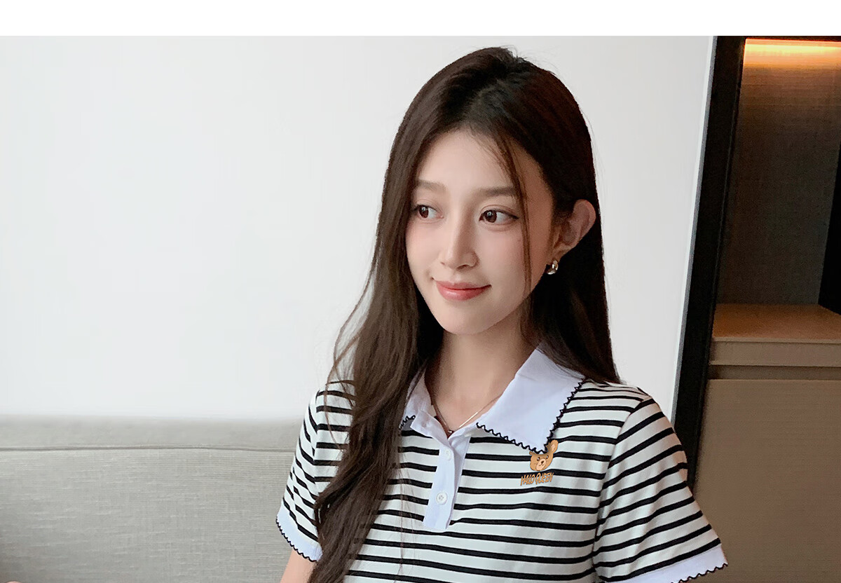 Halo Queen Women's Summer Polo Collar Short Sleeve T-Shirt, Casual Loose Versatile Collared Striped Top H143T1597 17