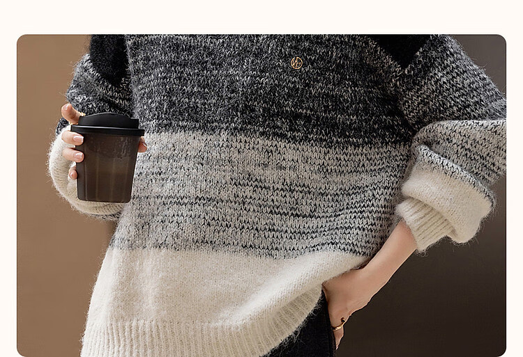 Dme [Cloud Mist] Winter Simple Korean Style Plush Colorblock Knit Slimming Stretchy Sweater for Women 2