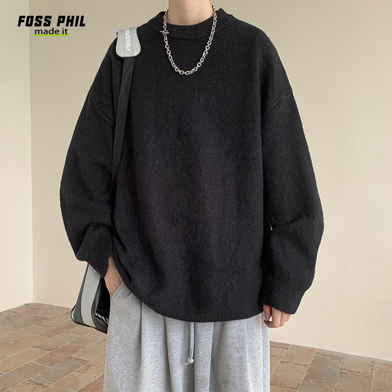 Свитер Foss Phil Crew Neck Sweater для мужчин и женщин, осенне-зимний, корейский стиль, лонгслив, повседневный, свободный, вязаный, базовый, MZ001, черный, 3XL