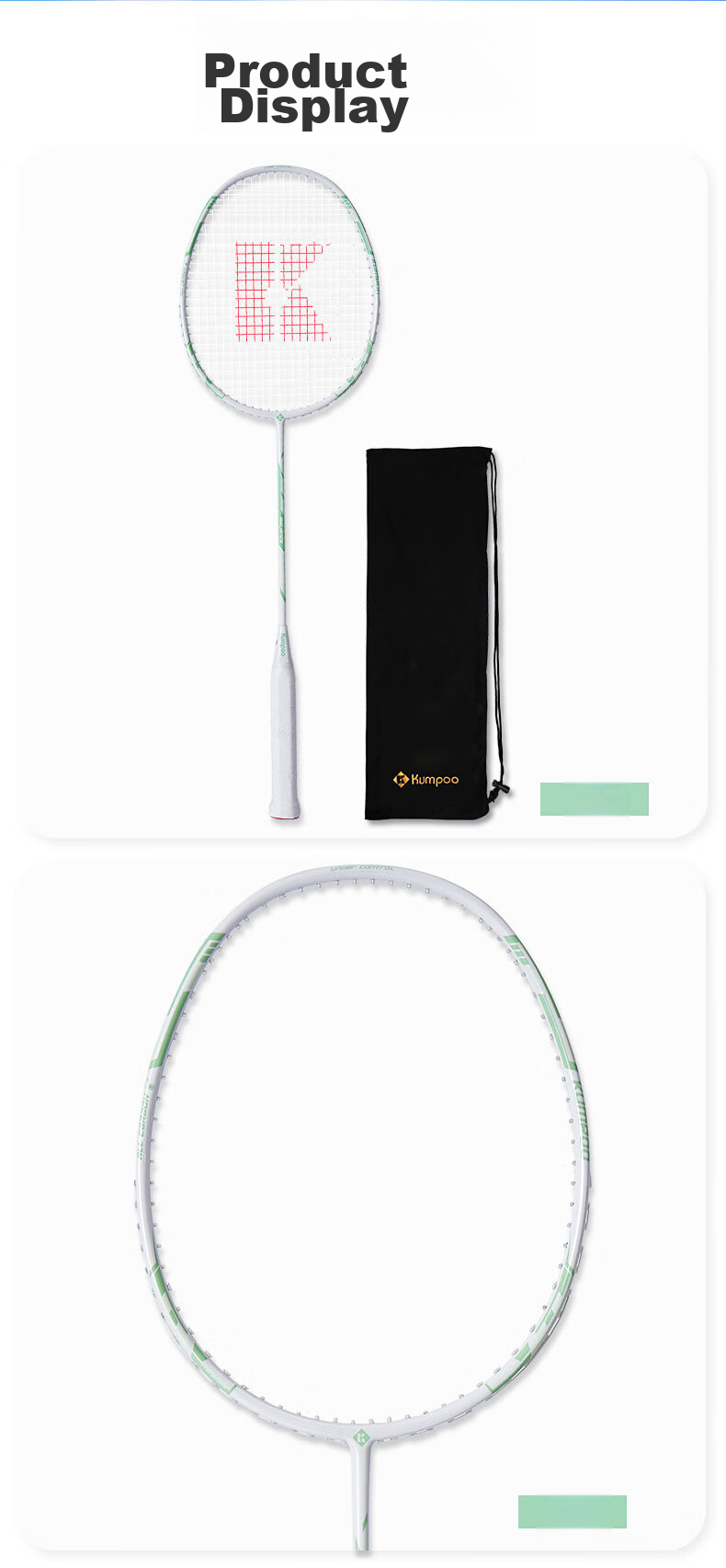 KUMPOO Badminton Racket, Full Carbon Ultra-Light, Suitable for Beginners, Training Racket, Versatile for Attack And Defense, Finished Racket, Xunfeng KD883 White And Gree 10