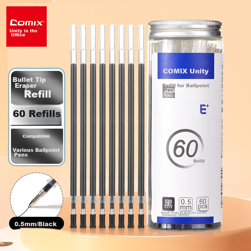 COMIX 60-Pack Pull-Out Cap Gel Pen Refills Bullet Tip R960 Black 0.5mm