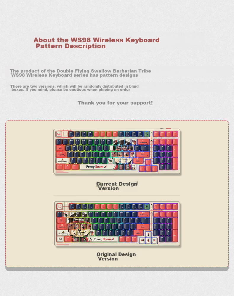 A4TECH WS98 99-Key Wireless Mechanical Keyboard, Tri-Mode Gaming Customizable Keyboard, Wild Tribe Red Switch Mechanical Dog, Wired/wireless/blueTooth Triple Mode 1