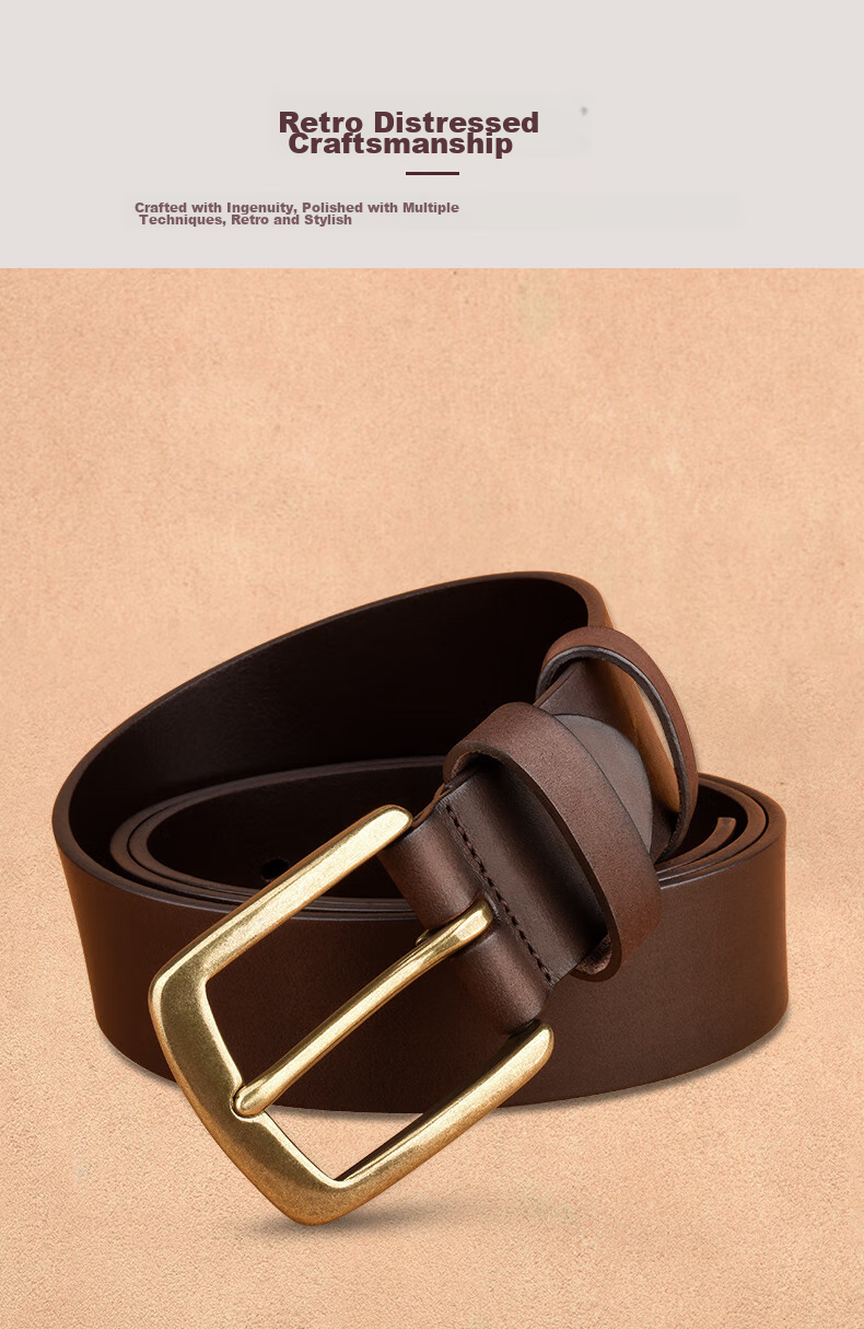 JEEP SPIRIT Men's Business Belt with Brass Buckle, Vintage Top-Grain Leather, Belt Loops, Waistband, Trouser Belt, Father's Day Gift for Dad 4