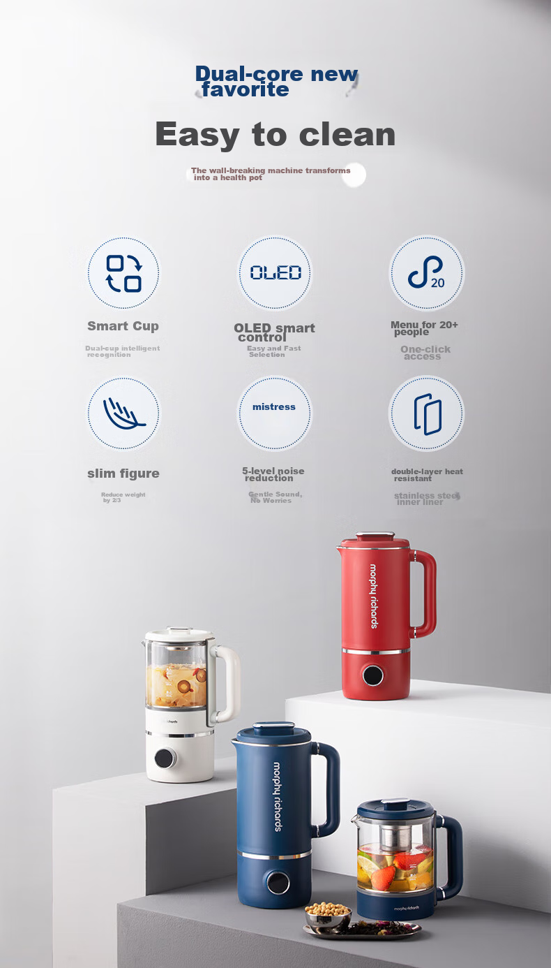 Morphyrichards High-Speed Blender Soy Milk Maker for Home Use, 1L Large Capacity, Quiet Operation, Multi-Grain, No Cooking Required, for 1-3 People, Smooth Texture, Filter-Free, Programmable, Baby Food Supplement, Multifunctional Food Processor MR8203 White 3