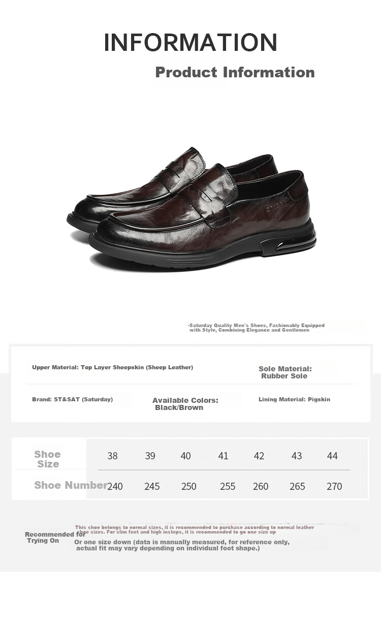 St&Sat Men's Shoes, Top-Grain Leather, Formal Business Dress Shoes, Versatile Slip-On Casual Leather Shoes for Men, Black, Size 43 2
