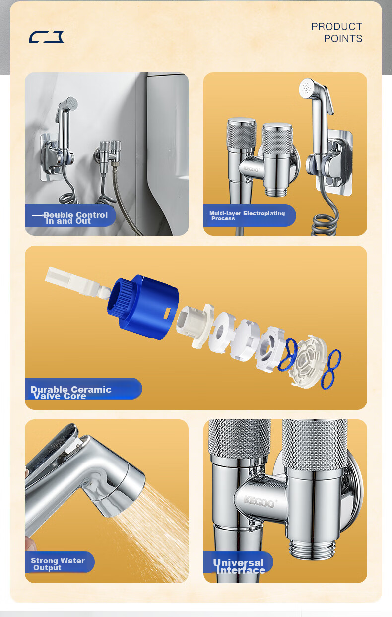 KEGOO Toilet Spray Gun Companion Angle Valve One-In Two-Out Set, Bathroom Pressure-Increasing Flush Spray Head Water Distributor Tee K5057 2