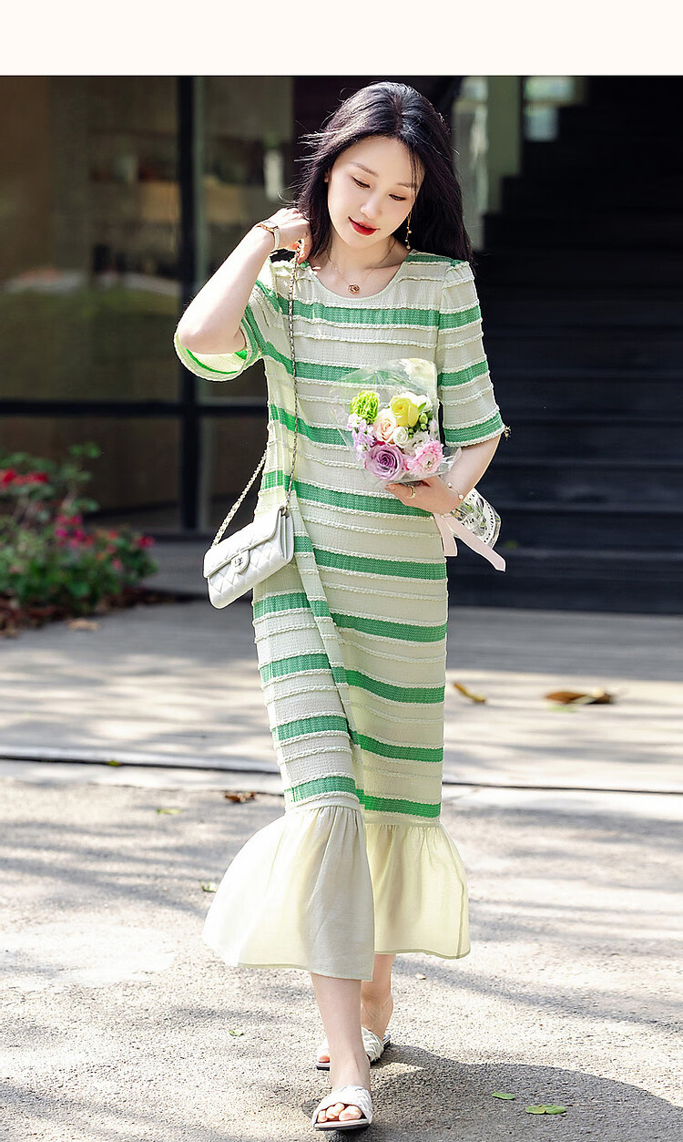 Dme [Half-Ripe Lovers] Spring And Summer Round Neck Textured Lazy Striped Sweet Age-Reducing Knitted Dress, Mid-Length for Wome 16