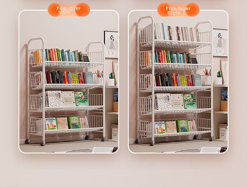 Milin Bookshelf Picture Book Rack Toy Storage Shelf Multi-layer Floor-standing Storage Rack Four Layers with Wheels 17