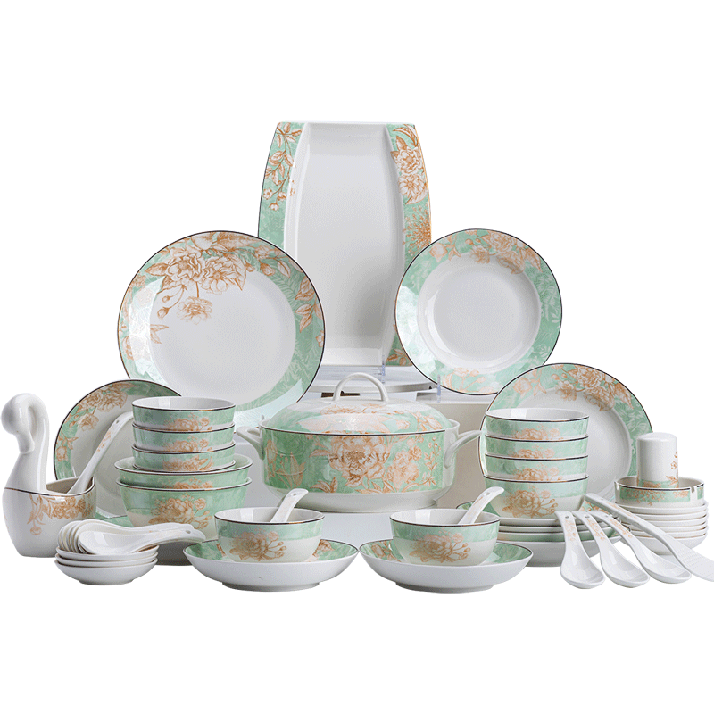 JD Original Complete Set of Bowls And Plates Tableware, Ceramic Gift Box Set for Housewarming Celebration, Summer Nongshi 66-Piece Set
