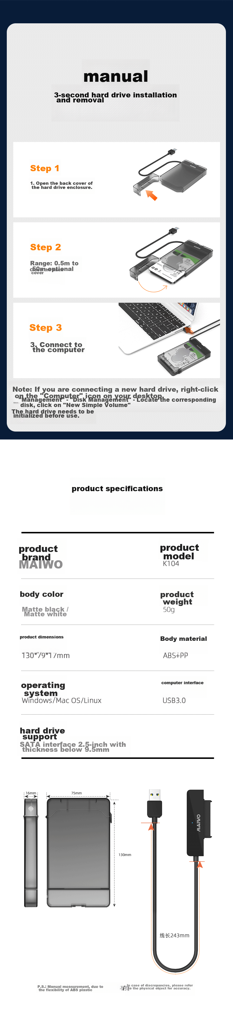 MAIWO 2.5-Inch Portable External Hard Drive Enclosure, USB3.0 Laptop Hard Drive External Box, SSD And Mechanical SATA Serial Port Hard Drive Enclosure, Black, K104 9