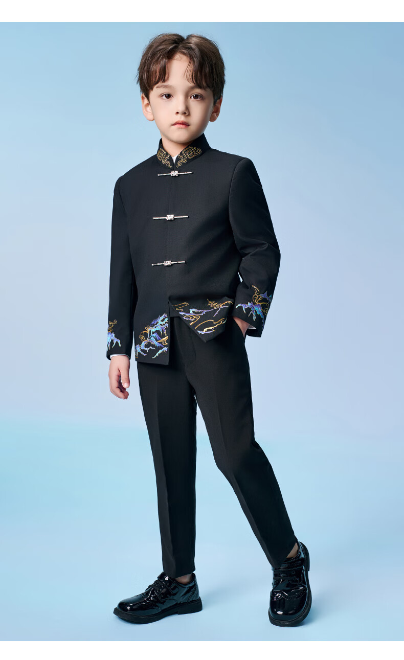 Romon Boys' Zhongshan Suit Set Traditional Chinese Style New Chinese Style Children's Host Performance Suit Black 170 19