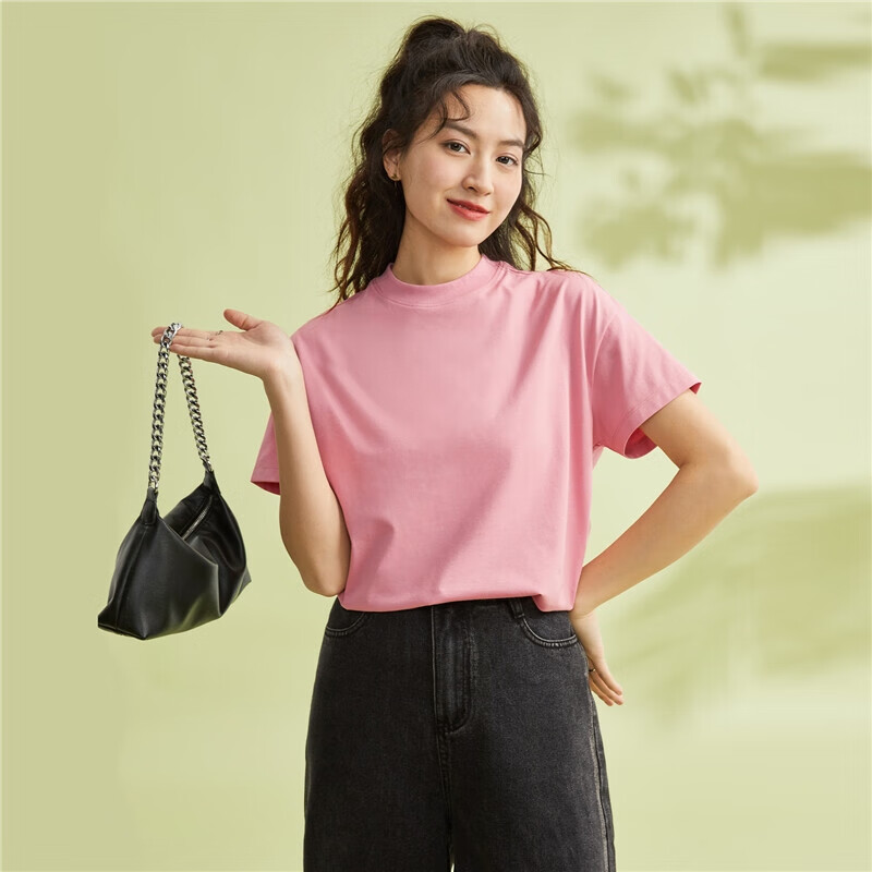 Giordano Women's T-Shirt, Pure Cotton, Skin-Friendly, Elegant Blouse, Comfortable Loose-Fitting Turtleneck Top, Short Sleeve, 05322396
