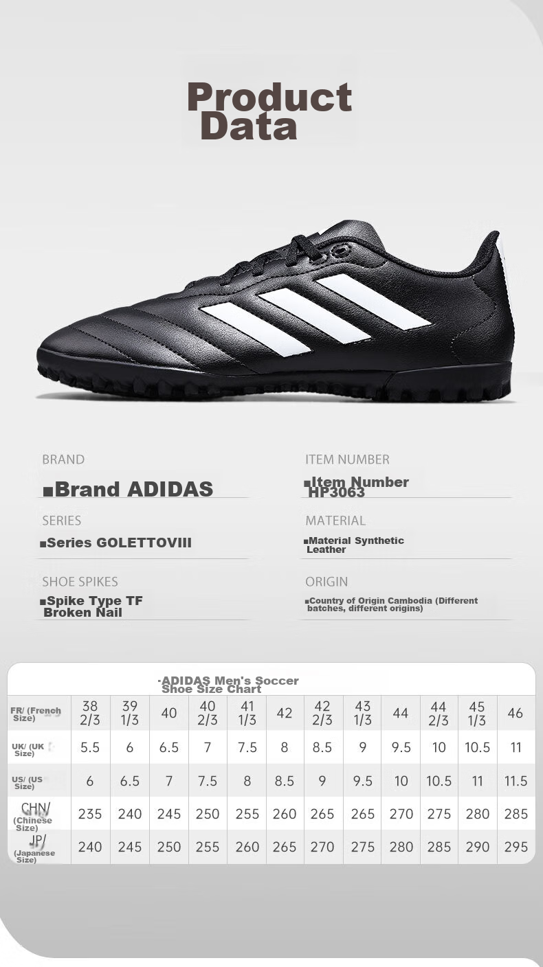 Adidas Soccer Shoes, TF Sports Non-Slip Training Artificial Grass Shoes HP3063, Black, Size 44 [Runs Small] 8