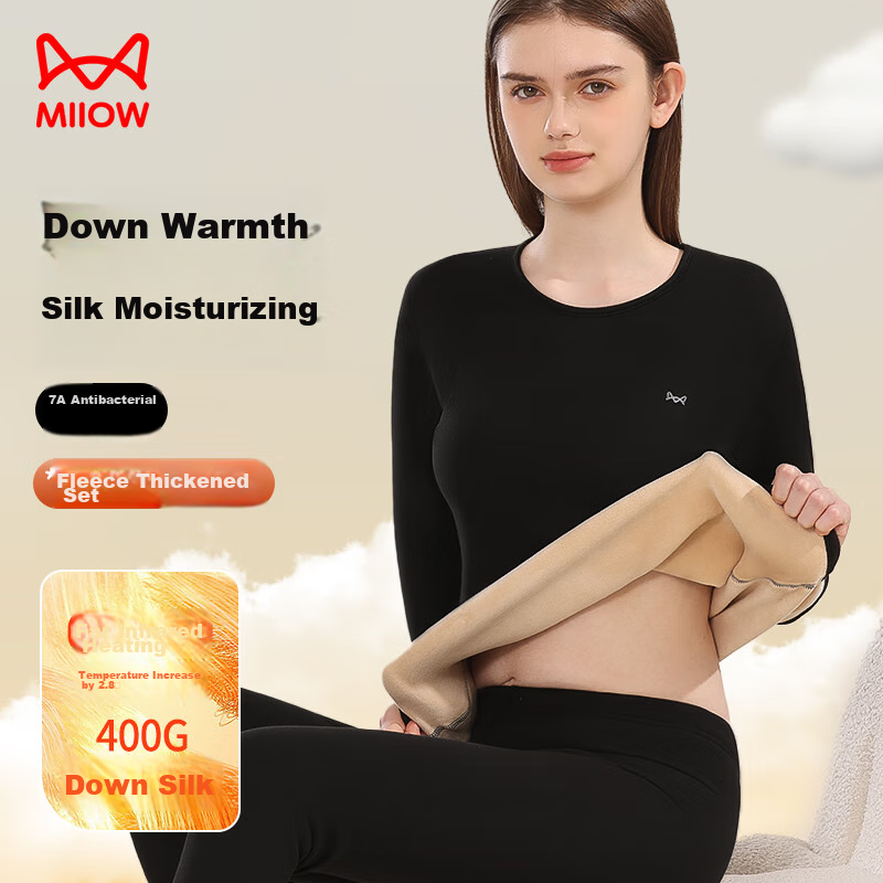 MiiOW Women's Thermal Underwear with Down And Silk Filling, Warm, Thickened, Soft Autumn Top And Bottom, New Starry Sky Black XL