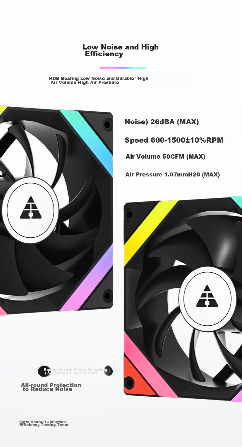 Golden Field Aierdun FZ-L12 Black Straight Blade 12CM Computer Case Cooling Fan, ARGB 5V 3-Pin Interface, PWM Temperature Control, High Air Pressure Low Noise 4