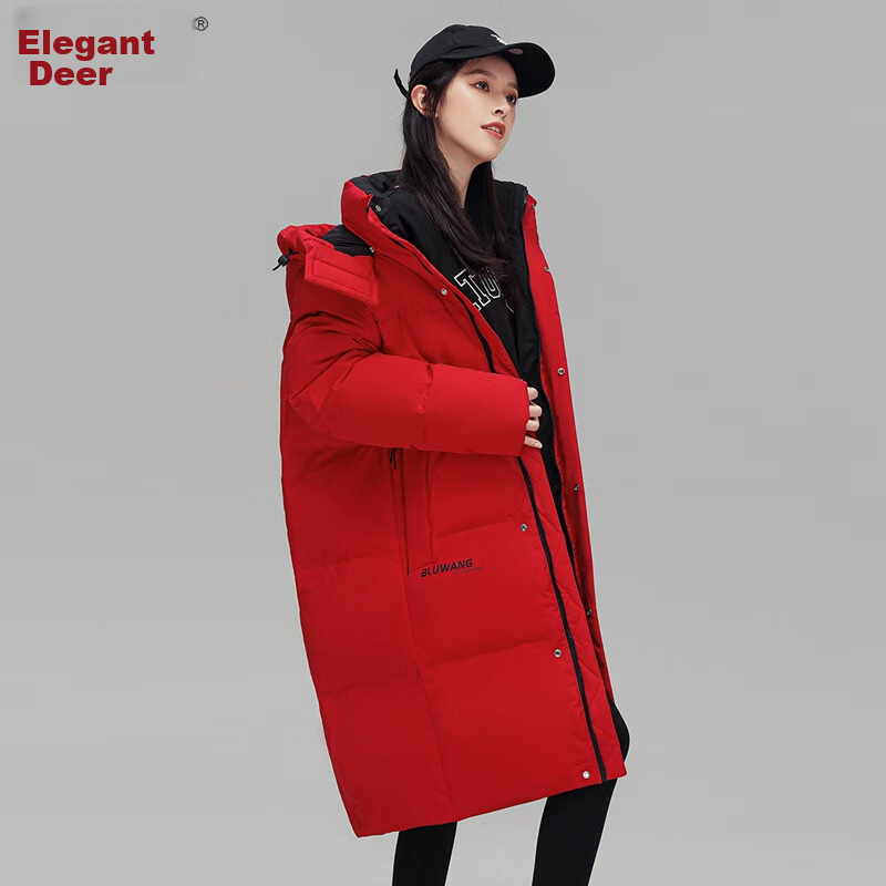Yalu Women's Mid-Length down Jacket, 2025 New Winter Style, Red Warm Korean Fashion Casual Hooded Coat for Wome