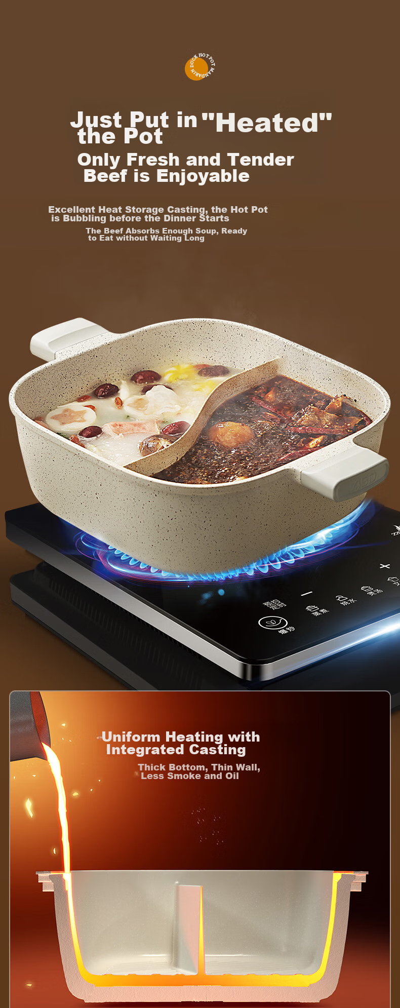 ASD Non-Stick Square Hot Pot, Thickened Hot Pot Basin, Large Capacity, for Home Use, Suitable for Gas And Induction Stoves, FL28F1WG 4