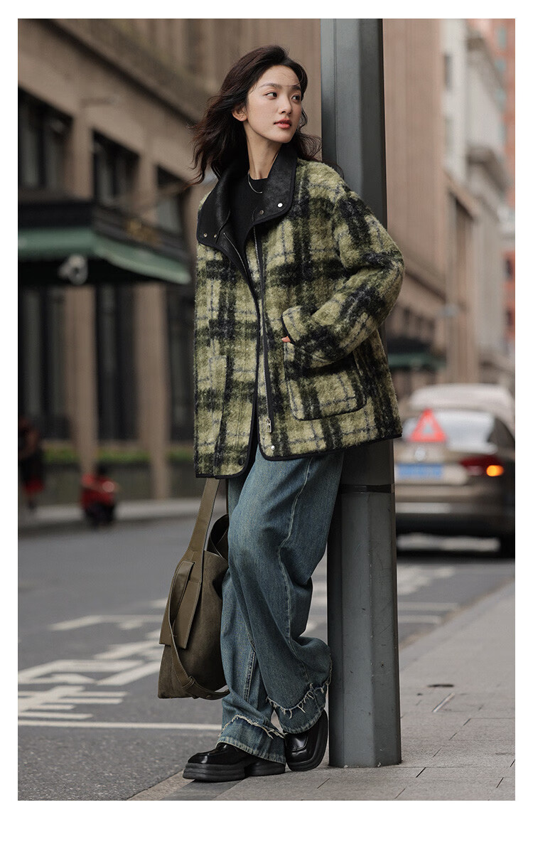 Dme [Vintage Elegant Top] Eye-Catching Plaid Green Relaxed Faux Shearling Jacket for Wome 3
