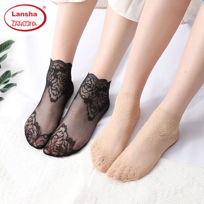 LangSha Women's Lace Stockings with Ribbons, 6 Pairs of Mesh Short Socks with Cotton Bottoms, Thin Spring And Summer Socks
