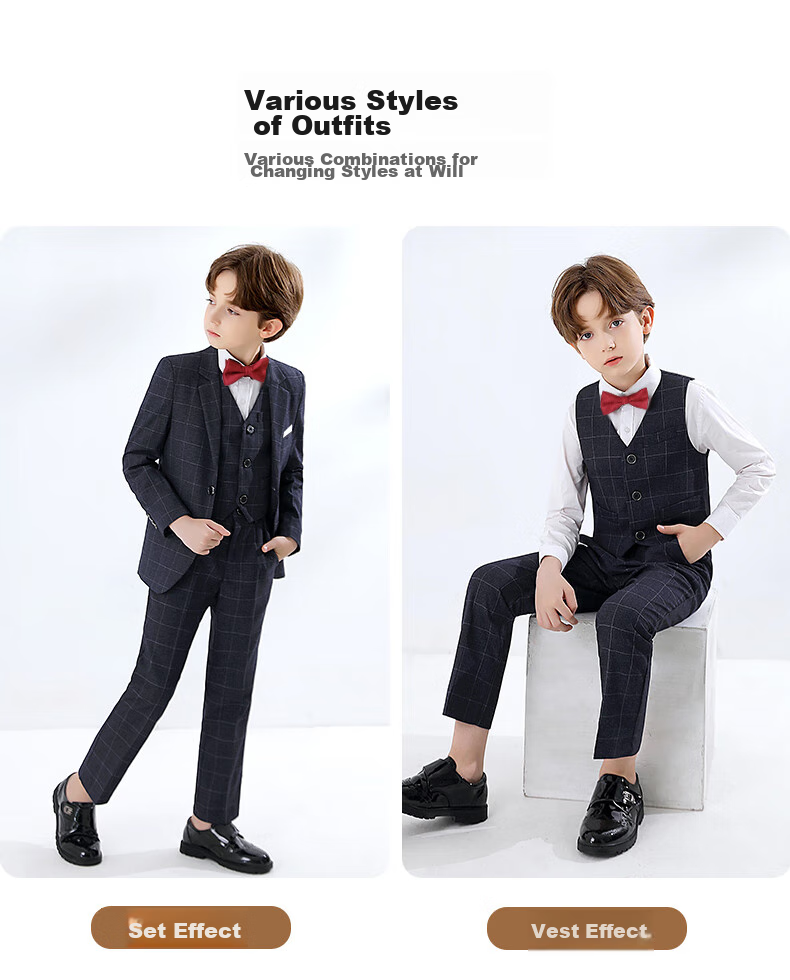 Yinuofang Children's Suit Set for Boys, Host Suit, Flower Boy Formal Wear, Performance Outfit, Plaid Set, Size 150 9