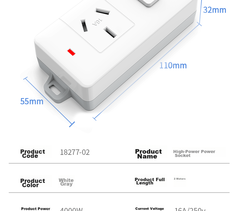 Deli 16A High-Power Socket, 4kW Air Conditioner Socket/power Strip/extension Cord/power Bar/terminal Block, 2 Outlets, Master Switch, 1.8 Meters (With 16A Converter), LX223S 11