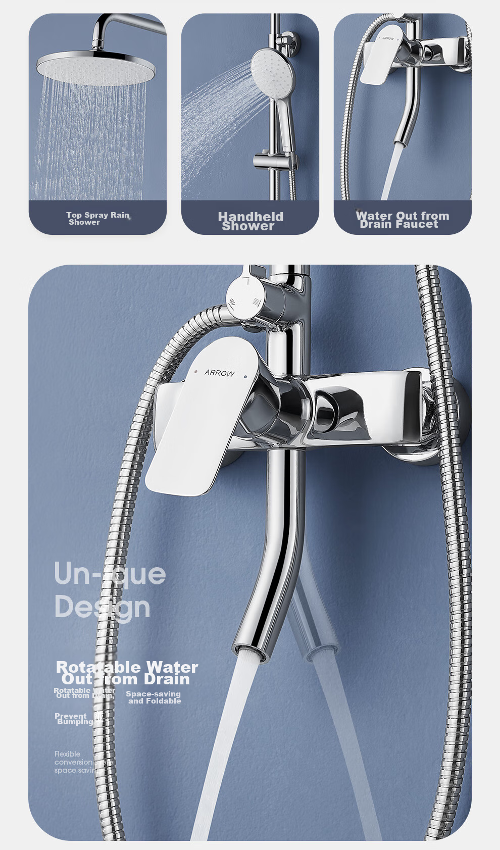 ARROW Simple Shower Head Wall-Mounted Silver Handheld Adjustable AE3263CP-P 11