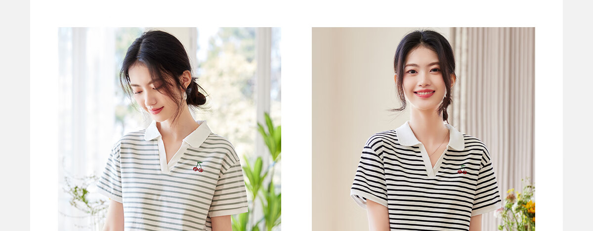 PinCai Women's Summer Short Sleeve V-Neck Polo Shirt Striped Letter Cherry Fashion Base Top P143T1550 4