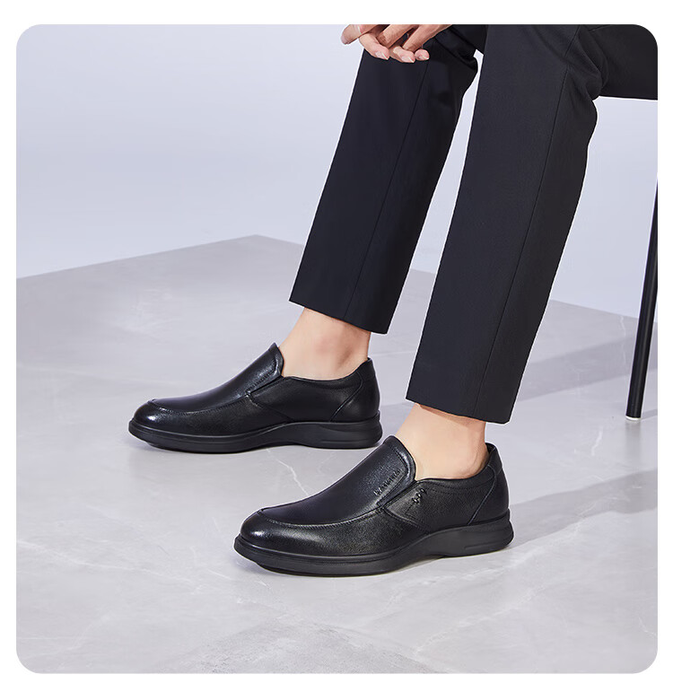 Kangnai Men's Shoes, Spring And Autumn Slip-On Round Toe Business Casual Leather Shoes, Commuter Simple Cowhide Shoes, Black, Size 38 8