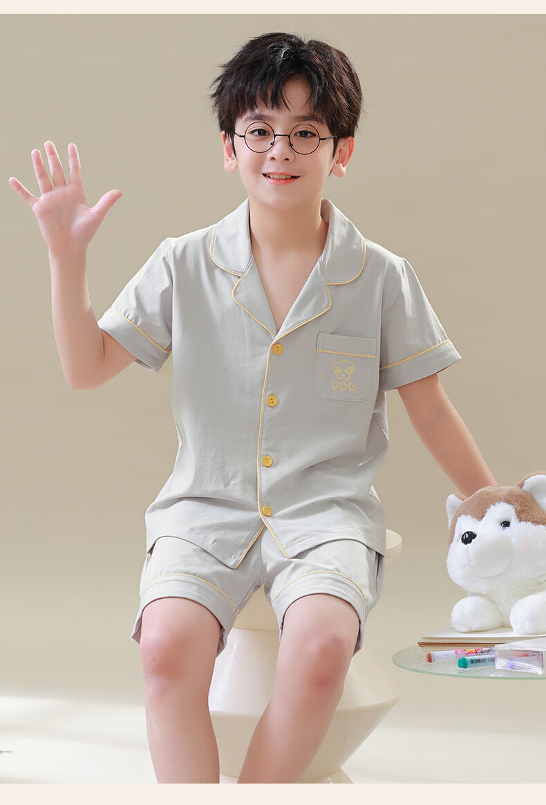 Hengyuanxiang Children's Pajamas, Boys' Pure Cotton Summer Thin Short-Sleeve Loungewear, Cardigan Sleepwear And Pajama Pants Set 13